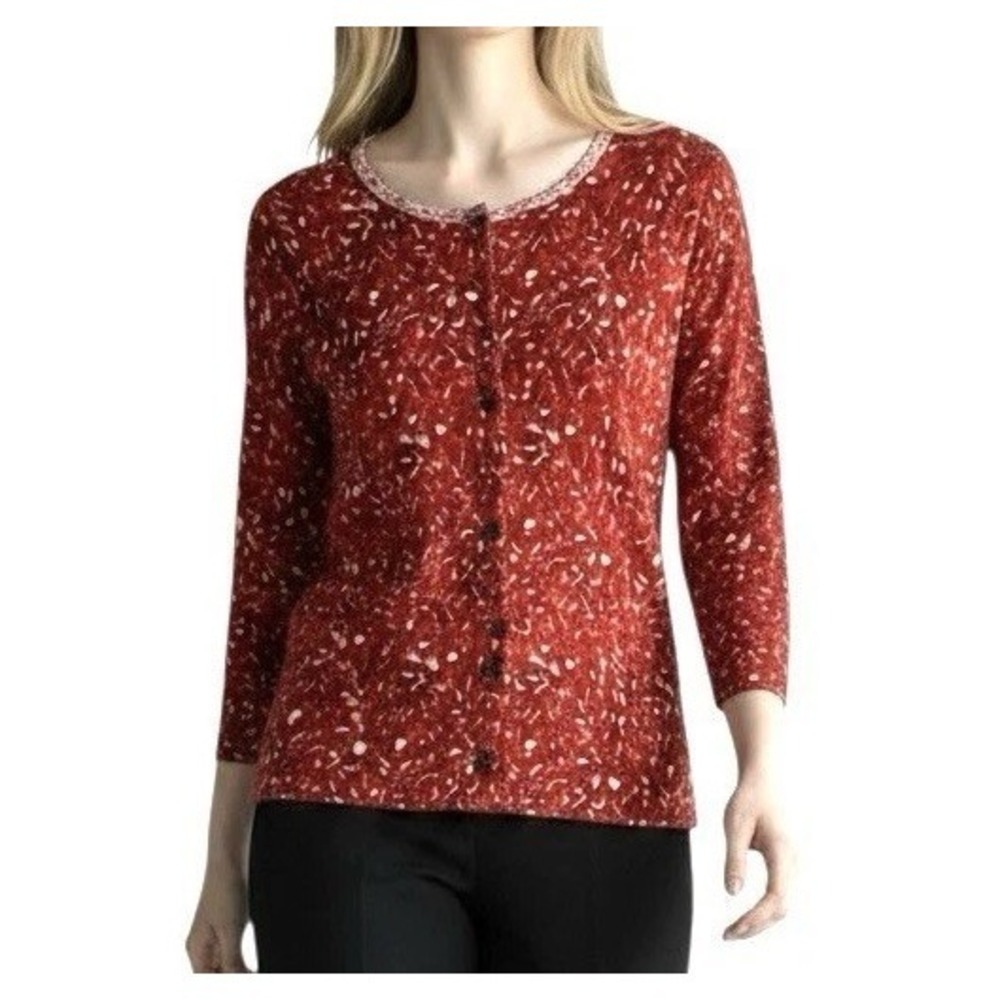 Garnet Hill Cardigan Sweater Size M Red Animal Print Career Office